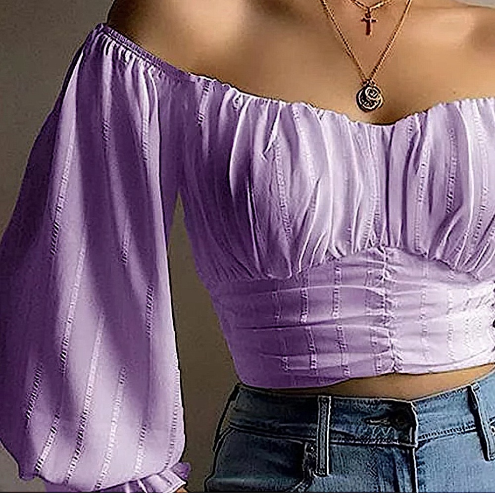 Shiny violet lilac purple puff sleeve crop top in size women’s XL